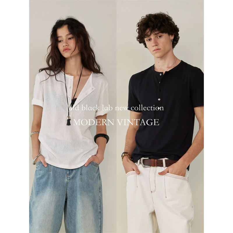 ULD/vintage亚麻自然纱节肌理微透无压夏季中古亨利领polo短袖T恤