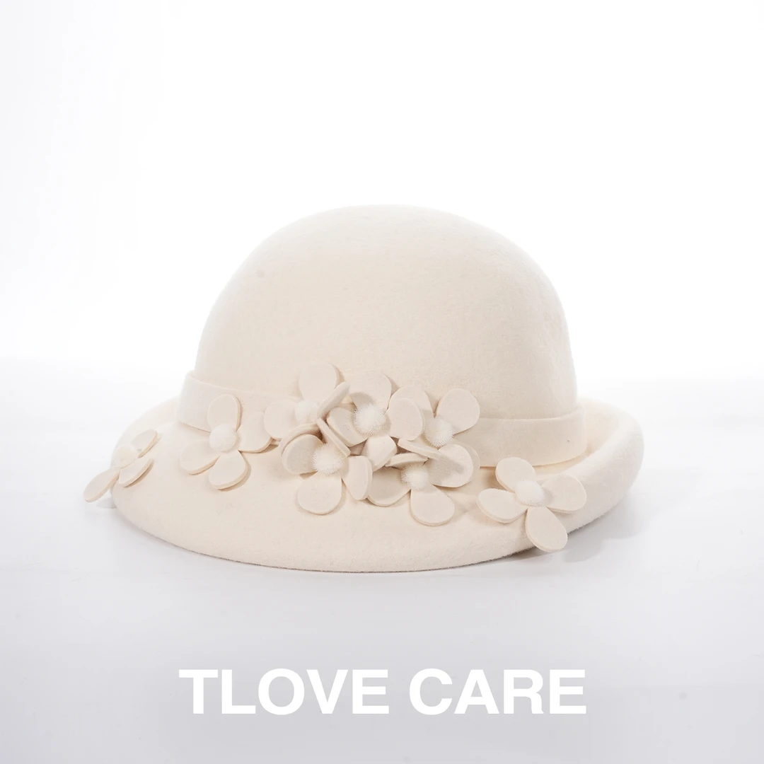 9916优雅洋气秋冬季新款羊毛帽子女士舒适韩版户外保暖手工花礼帽