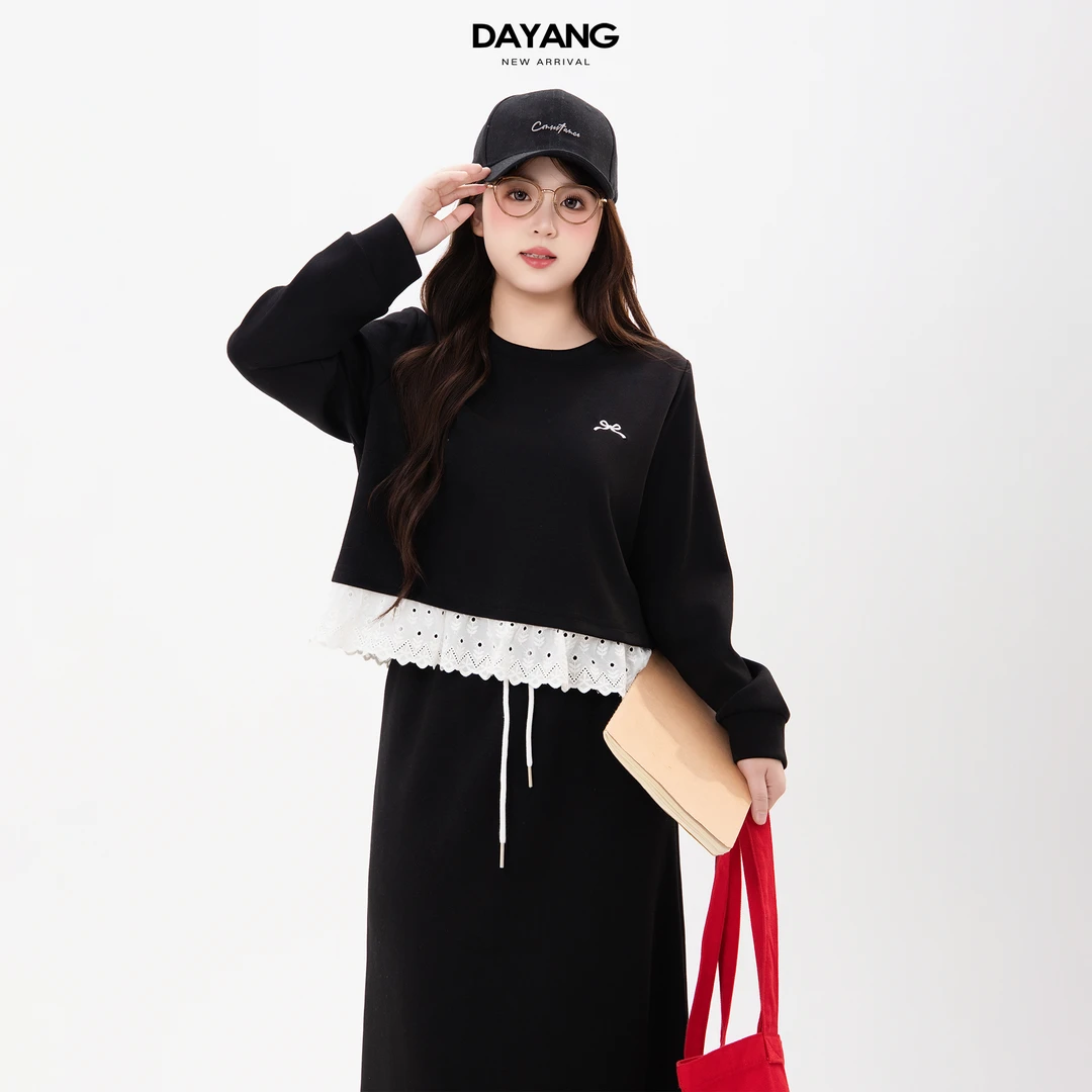 120斤的大杨 胖mm韩版学院风蕾丝上衣半身裙秋两件套运动卫衣套装