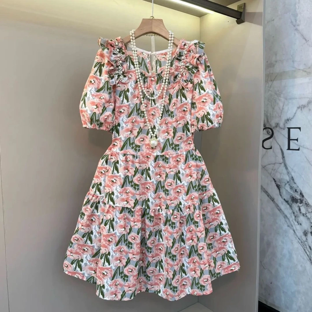 1062碎花甜美清新印花连衣裙夏季长裙方领气质女装