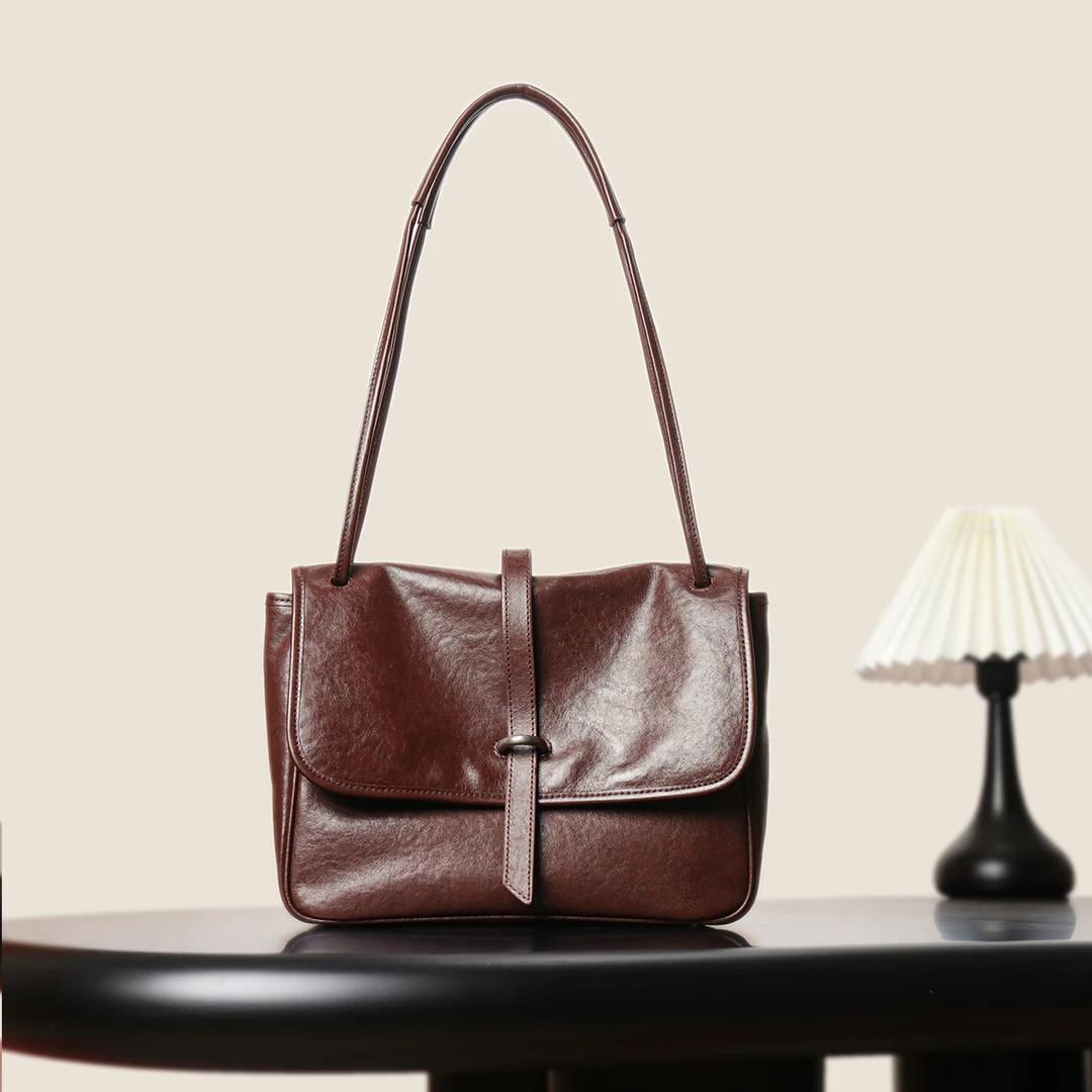 经典复古真皮单肩包女头层植鞣牛皮斜挎包大容量托特包通勤邮差包