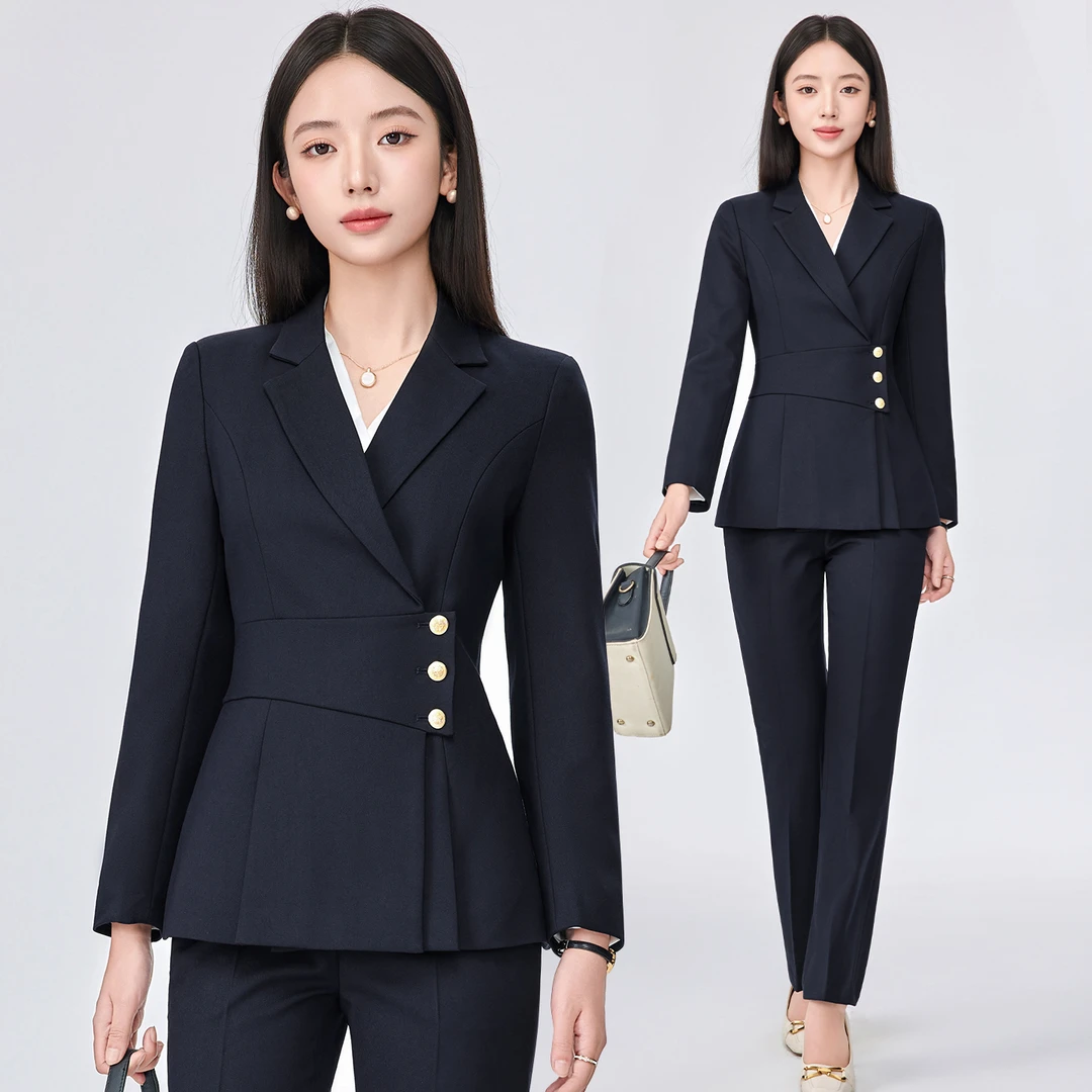 藏青色西装套装女春秋气质职业正装珠宝店工装高端西服酒店工作服