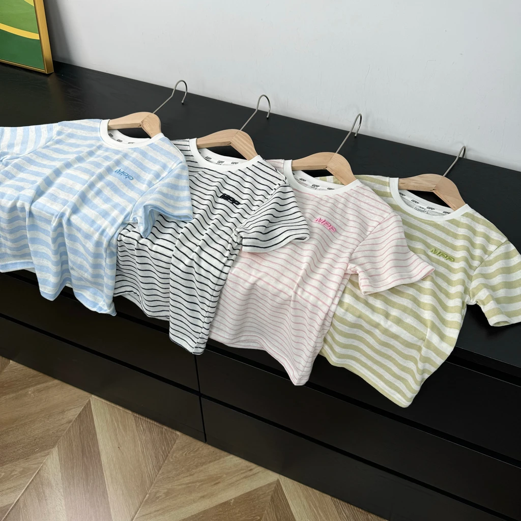 夏季儿童透气针织短袖T恤圆领条纹中大男童女童上衣2556