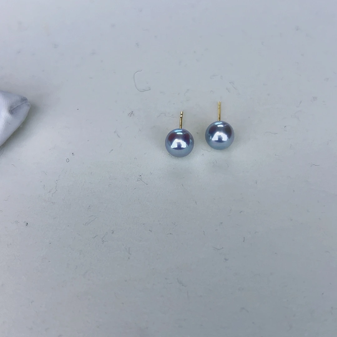 海水珍珠海水akoya真多麻色耳钉7-7.5mm18K金镶嵌