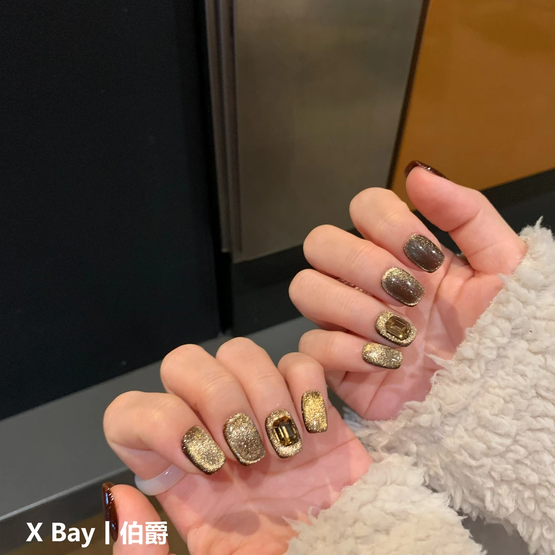 伯爵丨XBay门店同款咖色猫眼美甲高级轻奢气质短甲手工穿戴甲0914