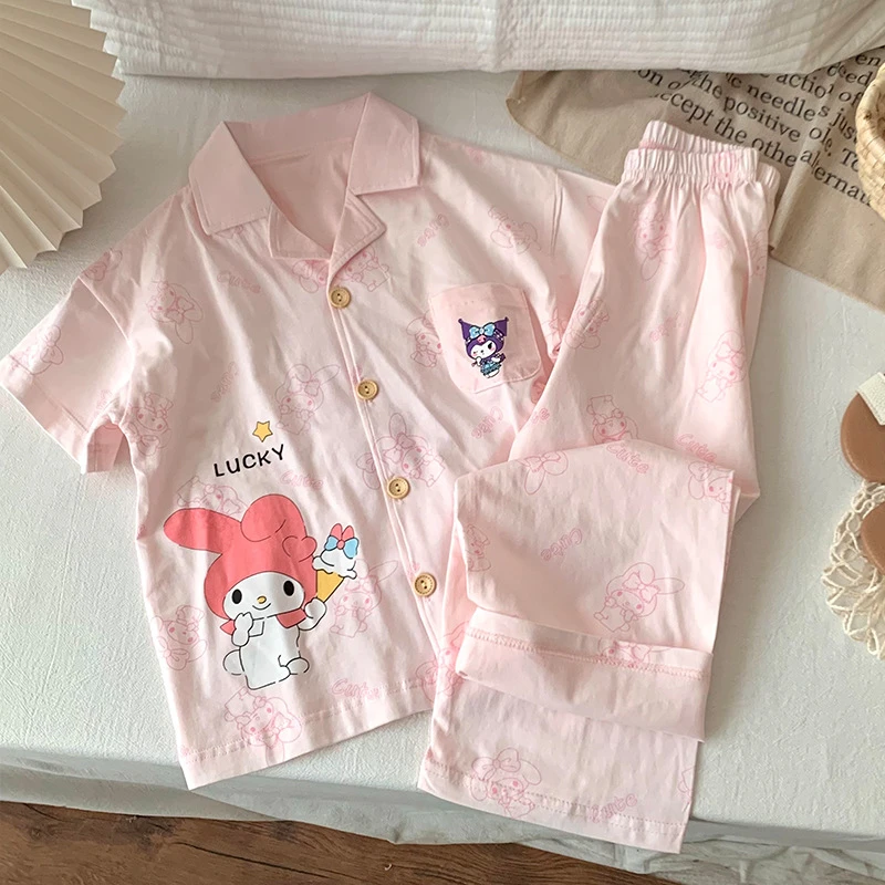 家居服春夏新款亲肤莱卡棉短袖长裤宽松版亲子款对开宝宝睡衣套装