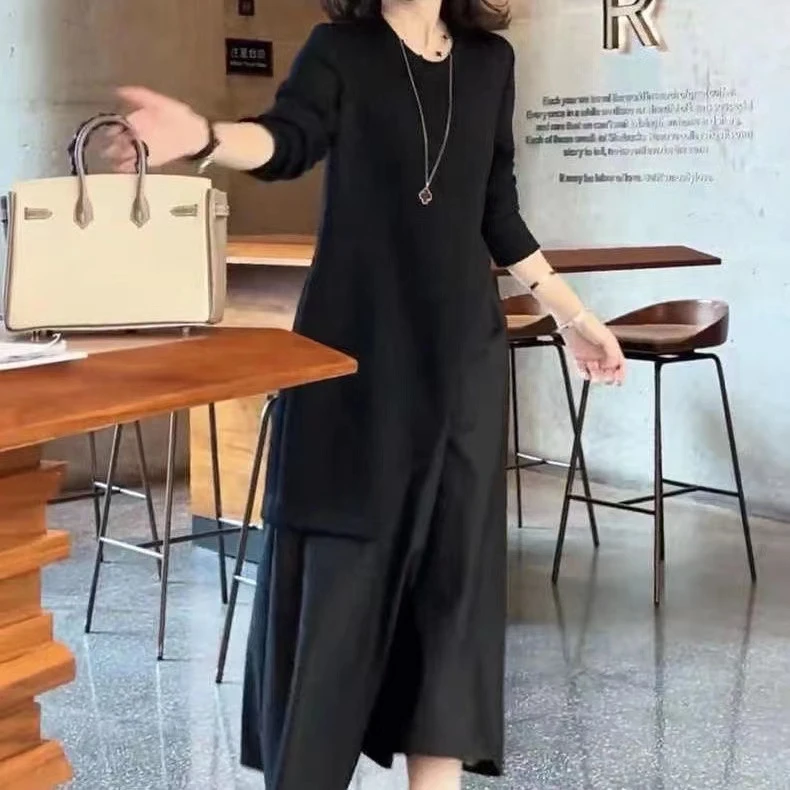 纯黑色法式显瘦长袖拼接假两件连衣裙女秋季新款圆领不规则设计感