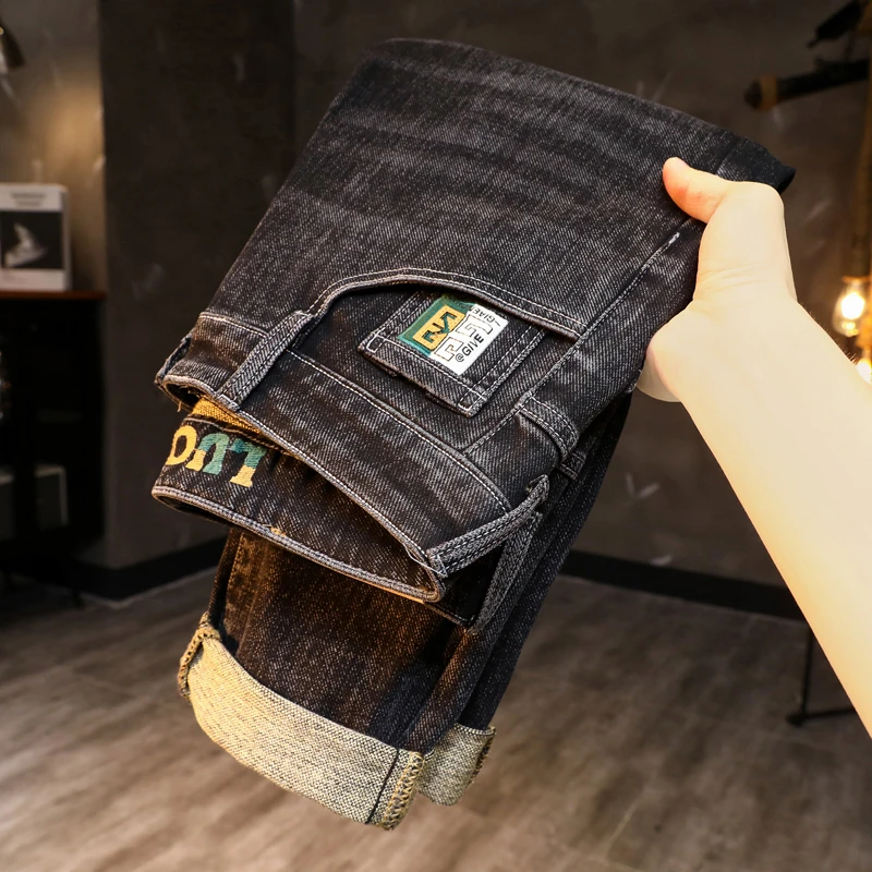 秋季新款男士牛仔裤男刺绣潮搭弹力修身直筒裤百搭时尚休闲裤子男