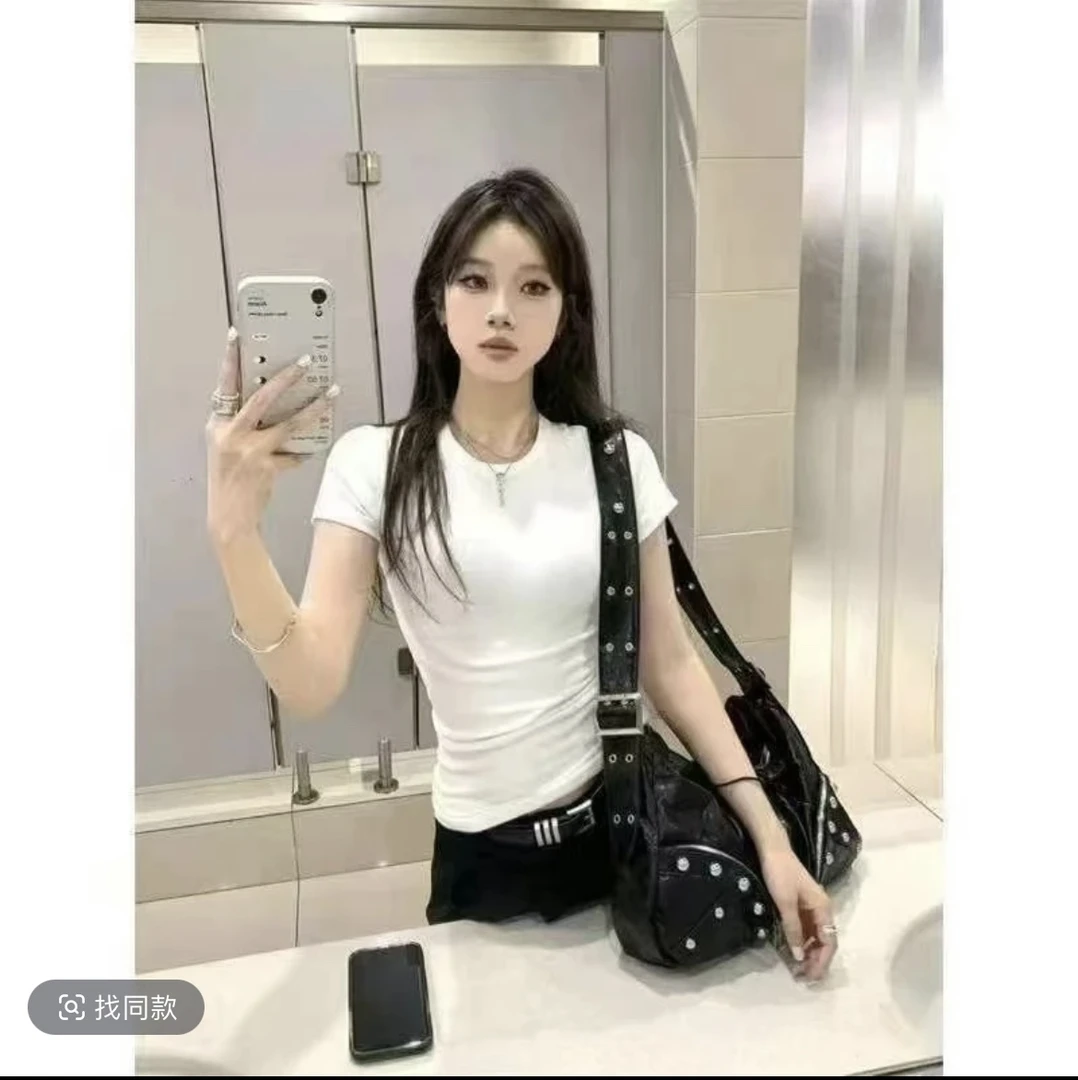 韩系简约风正肩显瘦圆领修身上衣女夏季纯色基础百搭短袖T恤