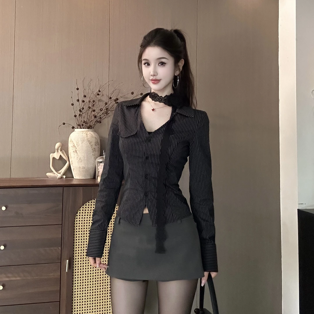 呜呜定制 早春竖条纹显瘦V领长袖衬衫 6628