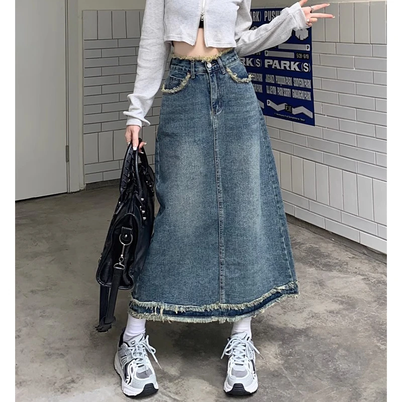300斤大码女装复古高腰做旧牛仔半身裙女胖mm2025毛边宽松半身裙