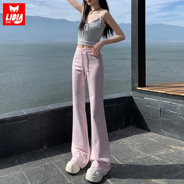 灵貂欧若风春天粉色喇叭裤女新款洋气高腰显瘦百搭拖地裤子女女款