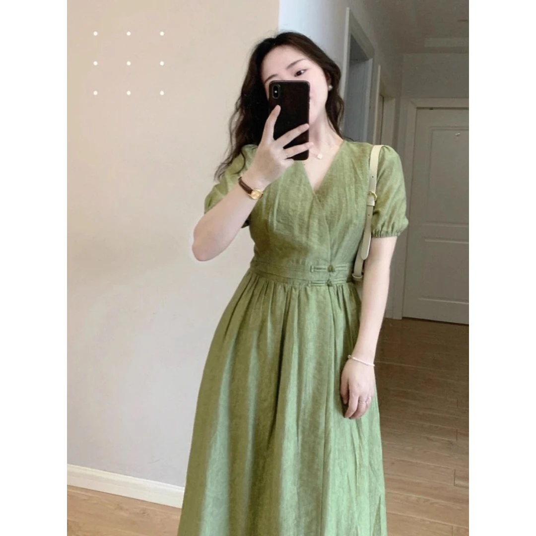 2025夏季新款大码女装微胖妹妹新中式别致长裙绿色胖mm显瘦连衣裙