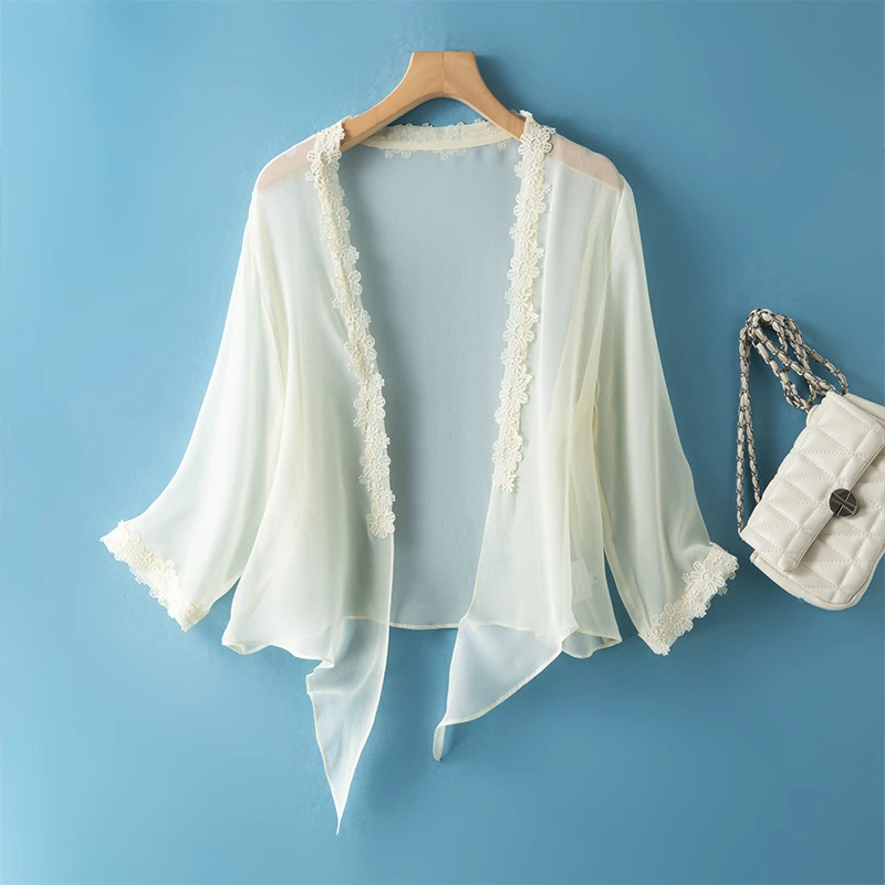 7分袖真丝防晒长袖开衫外套女蕾丝披肩桑蚕丝纯色外披夏新款通勤