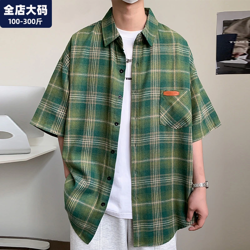 格子衬衫男短袖夏季2025新款青少年休闲胖子加肥加大大码男装衣服