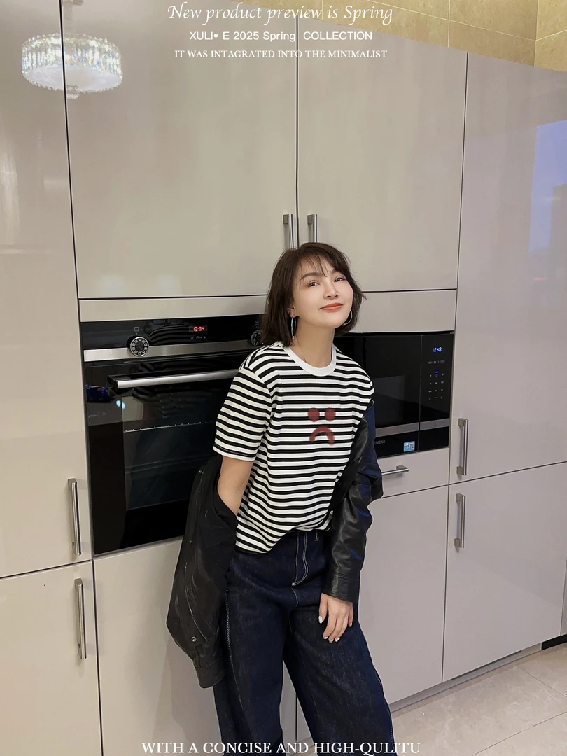 XULI'S EPOCH“酷酷”女孩趣味小哭脸条纹T恤·发回来拉黑·21172