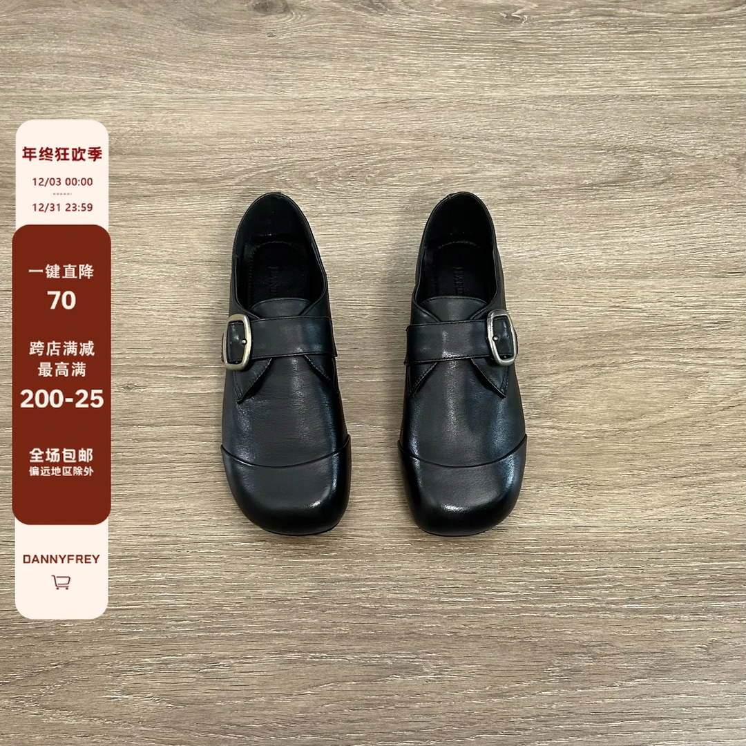 Dannyfrey复古拼接勃肯玛丽珍鞋女圆头休闲皮带扣一脚蹬乐福鞋女