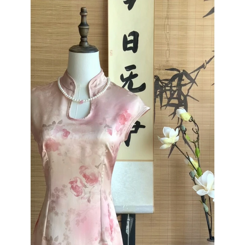 【雾粉玫瑰】新中式粉色改良旗袍半袖收腰小众设计感国风连衣裙夏季