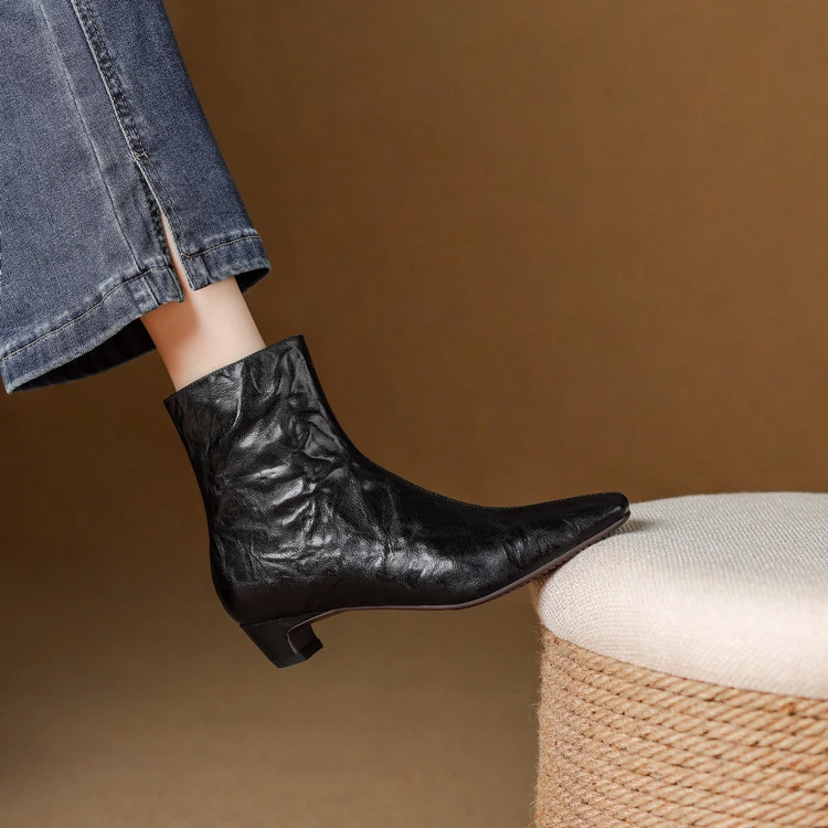 3cm 通勤休闲舒适百搭粗跟短靴秋冬法式复古简约时尚侧拉链短筒靴