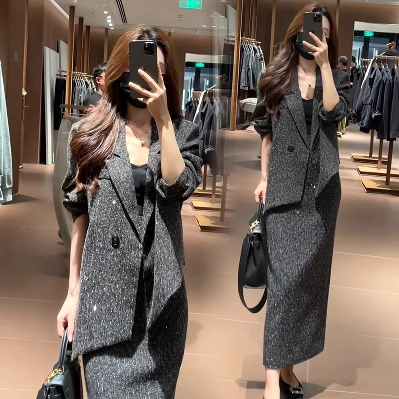 拉夏贝尔2025秋冬新款女士小香风洋气显瘦西服外套半身裙两件套潮