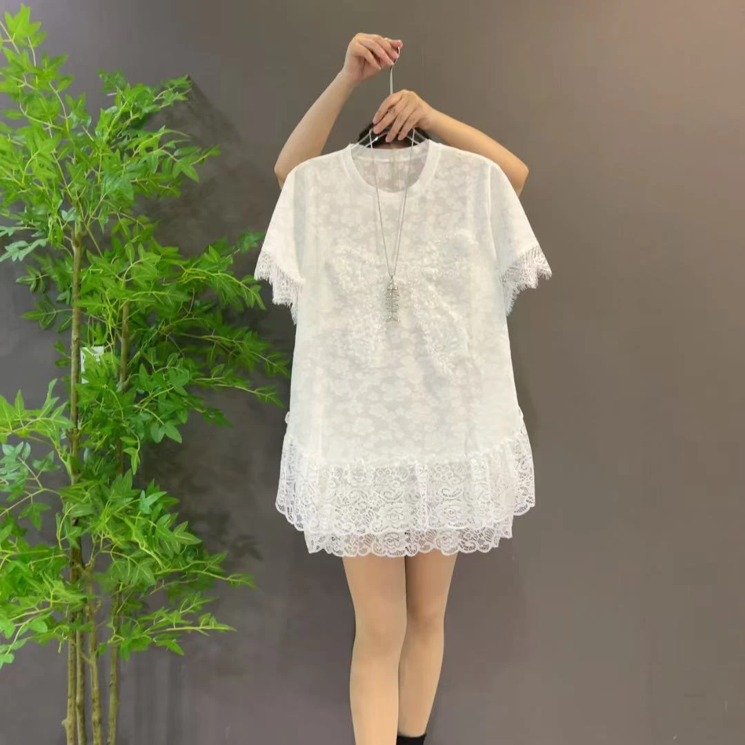 8936夏季新款大码爆款韩版蕾丝花边拼接短袖T恤上衣宽松显瘦百搭