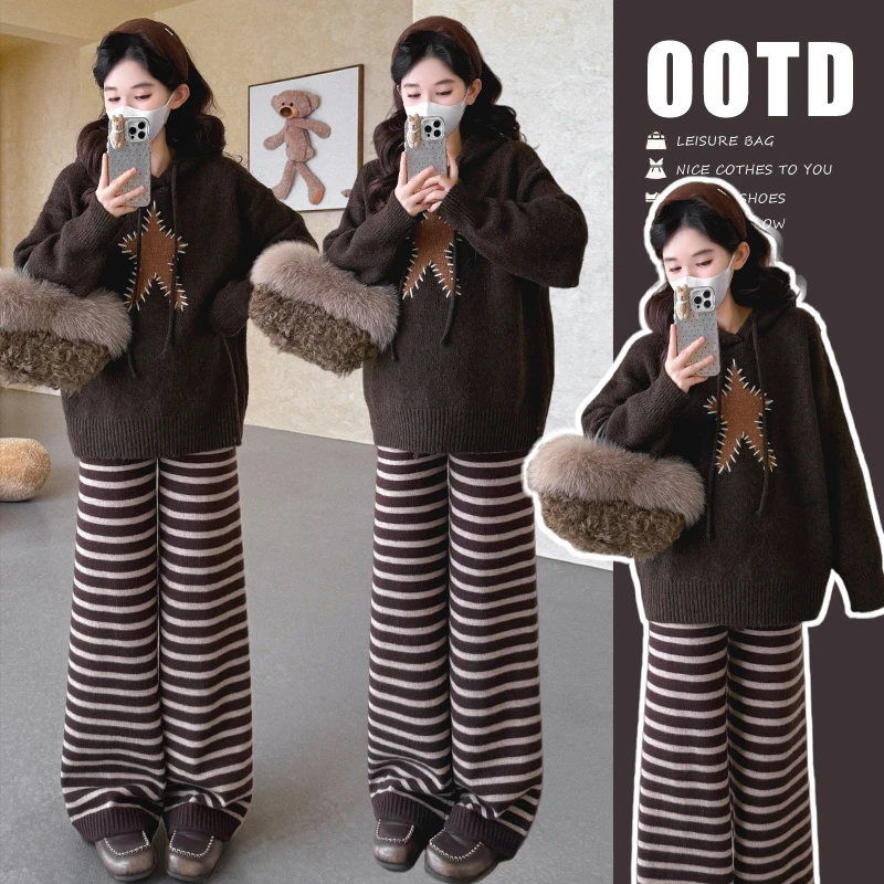 韩版加厚连帽毛衣上衣+条纹阔腿裤休闲两件套女秋冬新款洋气套装