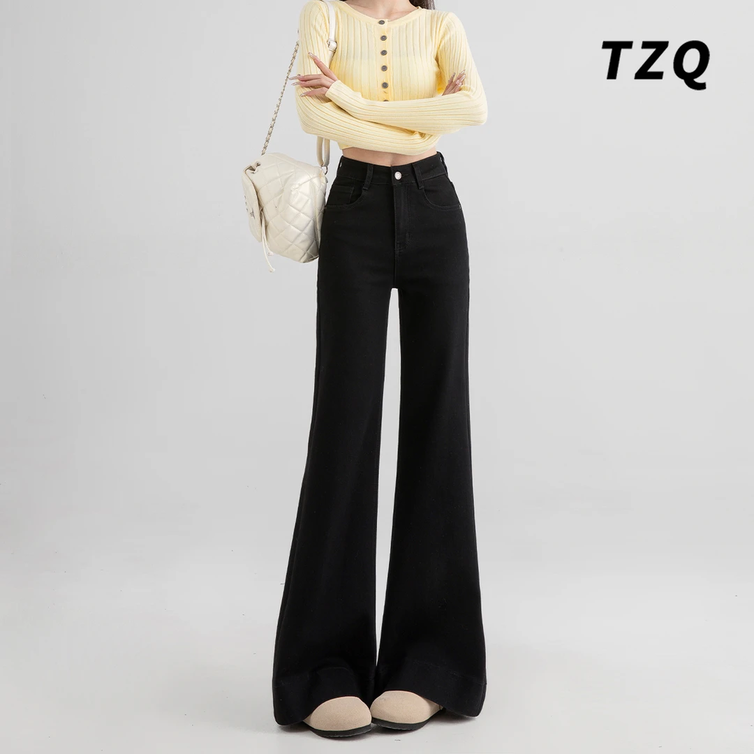 韩版黑色微喇牛仔裤女2025新款夏季高腰百搭显瘦拖地裤子TZQ82811