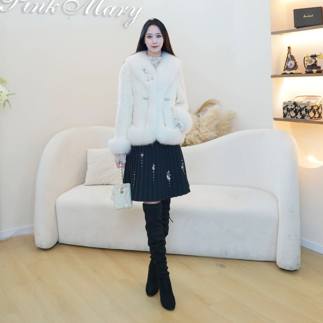 Pink Mary/粉红玛琍天然皮草水貂白色轻奢百搭保暖PMDOW7803