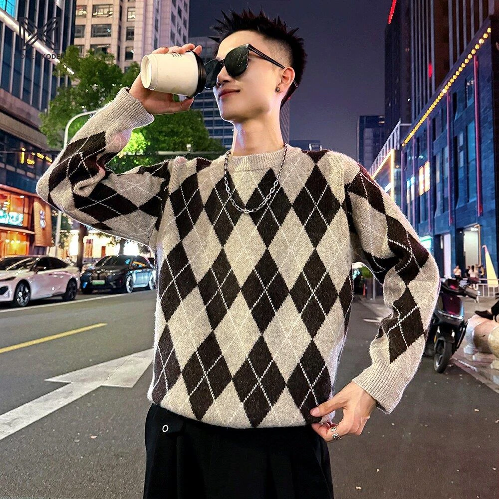 MODEK KODEK菱格撞色毛衣男秋冬痞帅慵懒风圆领针织衫休闲打底衫