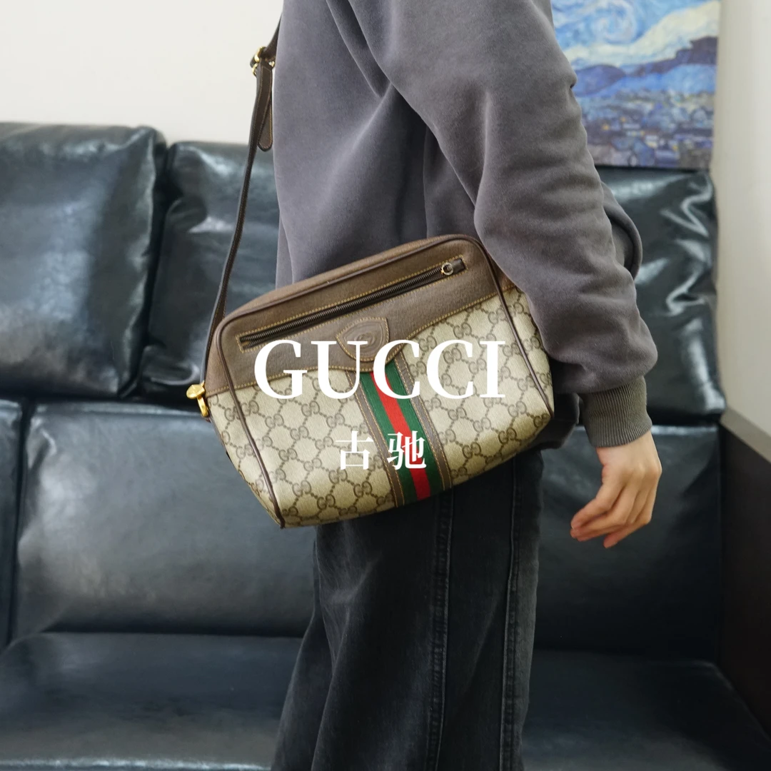 95新 GUCCI/古驰 老花拼皮织带斜挎包/JJ02906832/6832