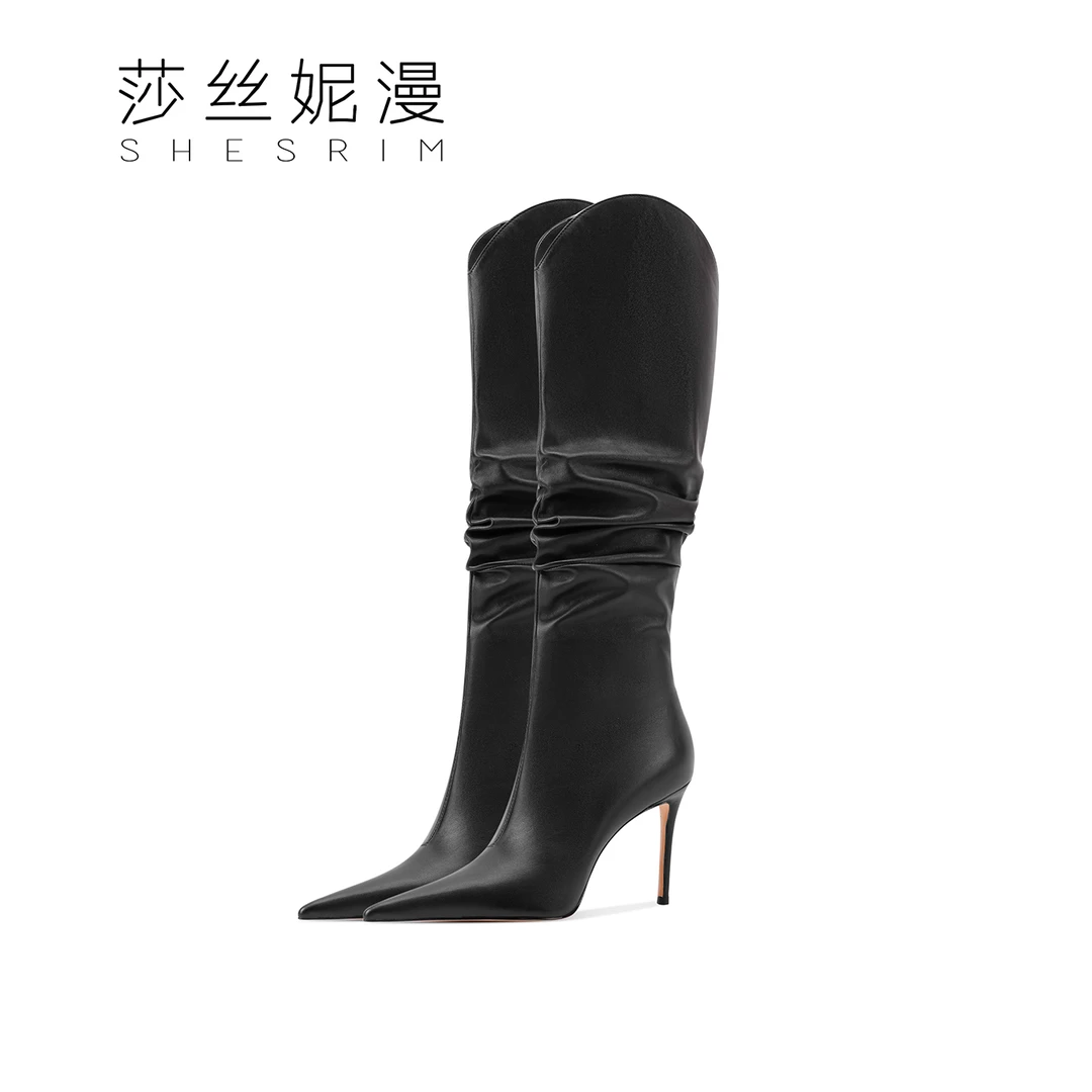 时装靴黑色直筒靴中筒靴细跟短靴绒里尖头秋冬时尚堆堆靴