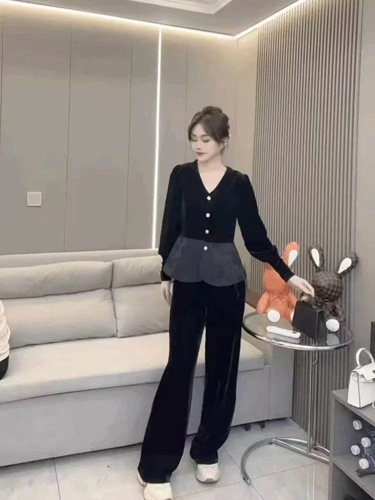 月月家：丝绒拼接醋酸雪纺衬衫女气质金丝绒黑色V领上衣开衫