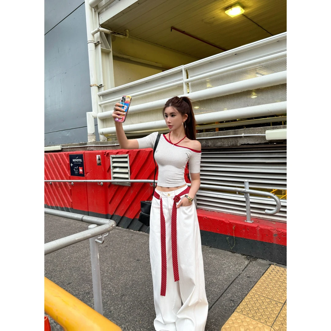小鱼【撞色明线裤】夏季美式复古设计感白色休闲裤LWJ25A1K861