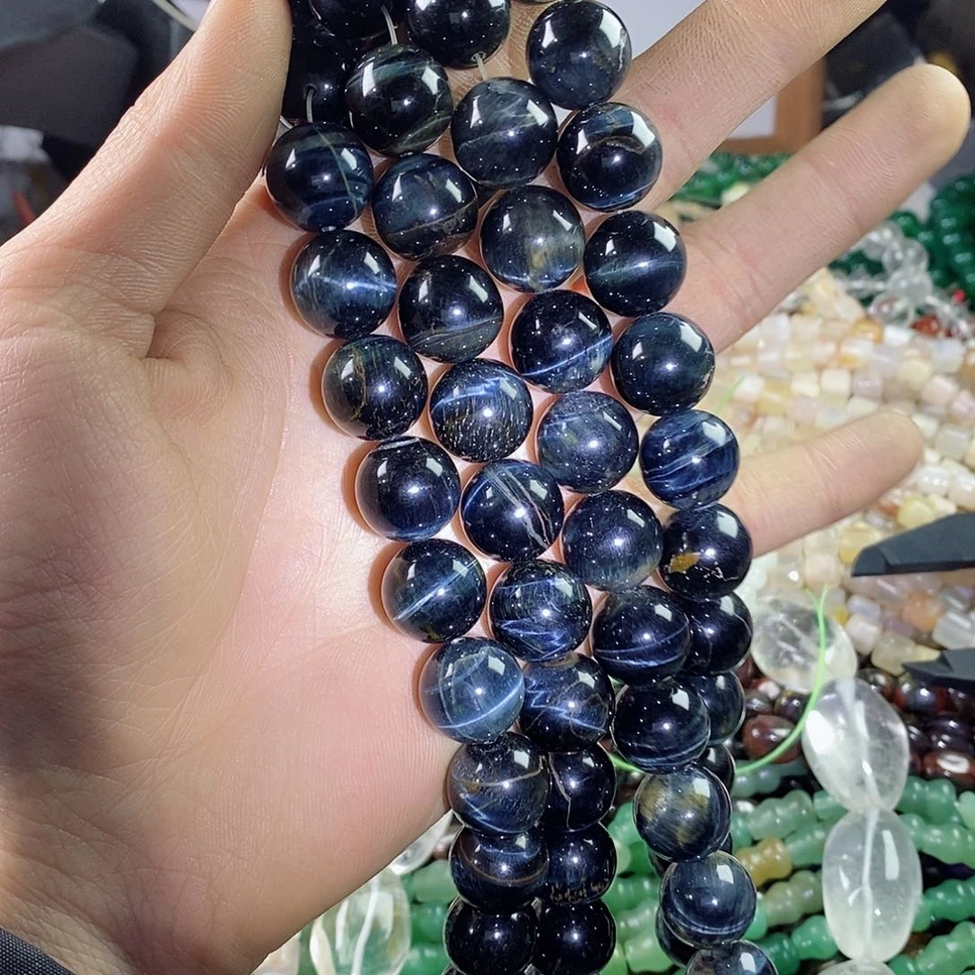 玛瑙/玉髓珠宝半成品合金一条天然老矿蓝虎眼石14mm圆珠