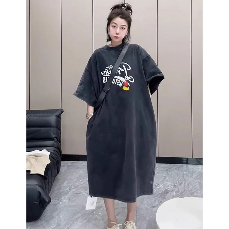 欧洲站2025夏季新款韩版休闲宽松卡通印花圆领减龄洗水做旧连衣裙