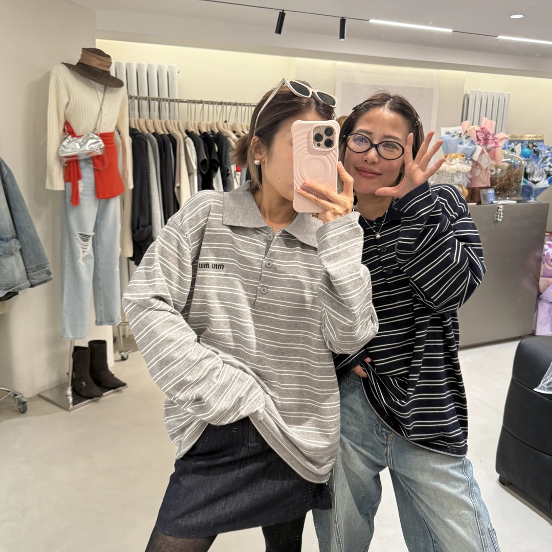 女长袖条纹拼色薄款针织毛针织衫打底衫时尚衬衫灰色