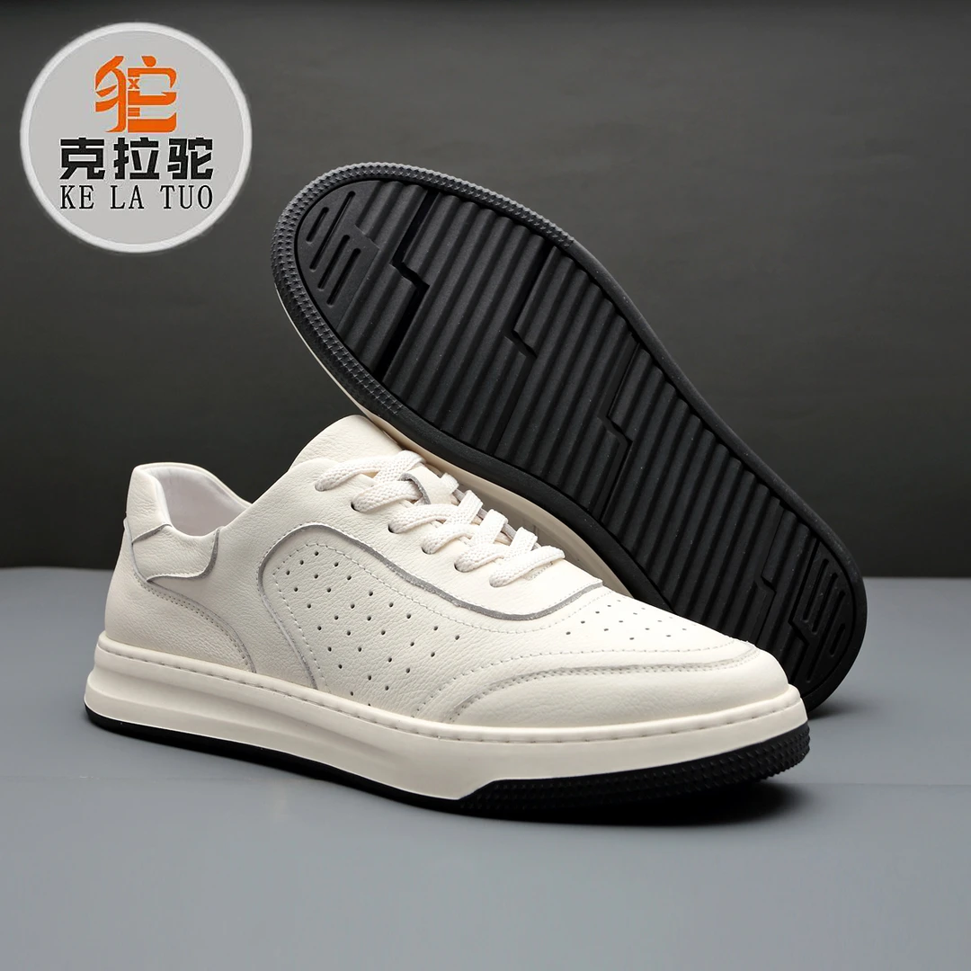 男士真皮小白鞋男士运动鞋透气休闲鞋夏季镂空低帮男款软底板鞋