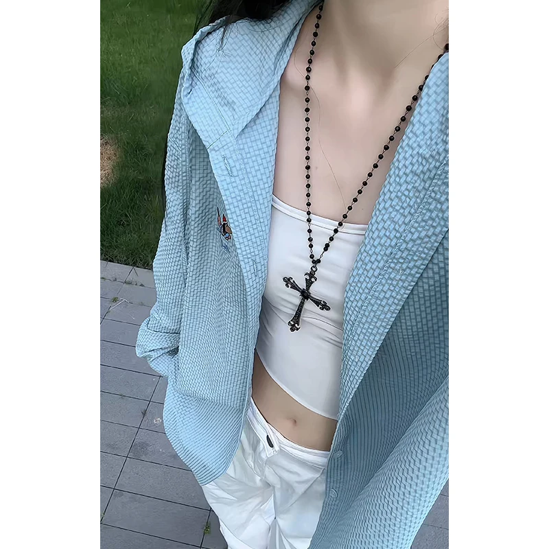 腊肠狗泡泡纱长袖衬衫男夏季薄款连帽刺绣防晒衬衣慵懒风宽松外套