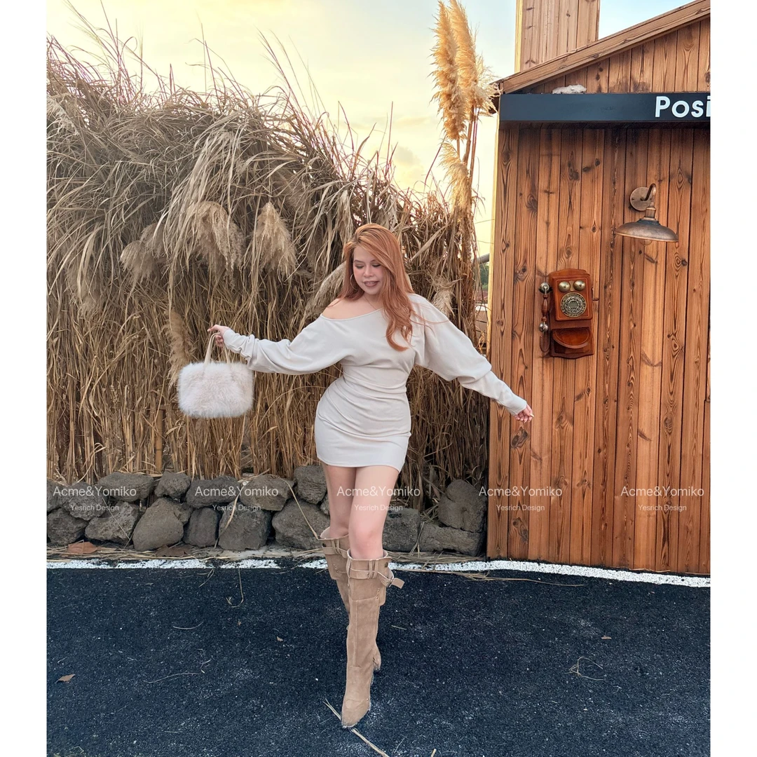 暮霞织弦 复古性感纯欲美拉德风修身显瘦设计师款斜肩连衣裙G351