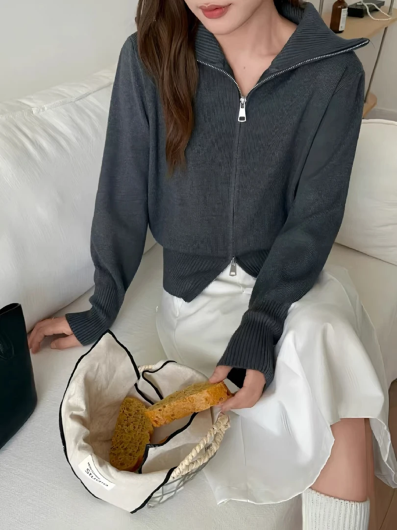 555-翻领双拉链设计感针织开衫女毛衣外套上衣