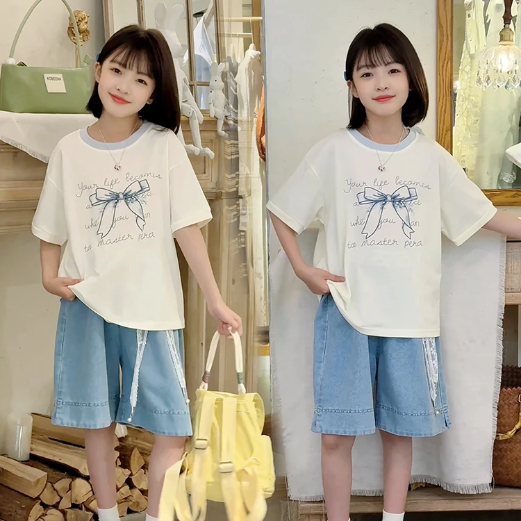 女童夏季两件套儿童韩系蝴蝶结短袖+牛仔五分裤套装4126