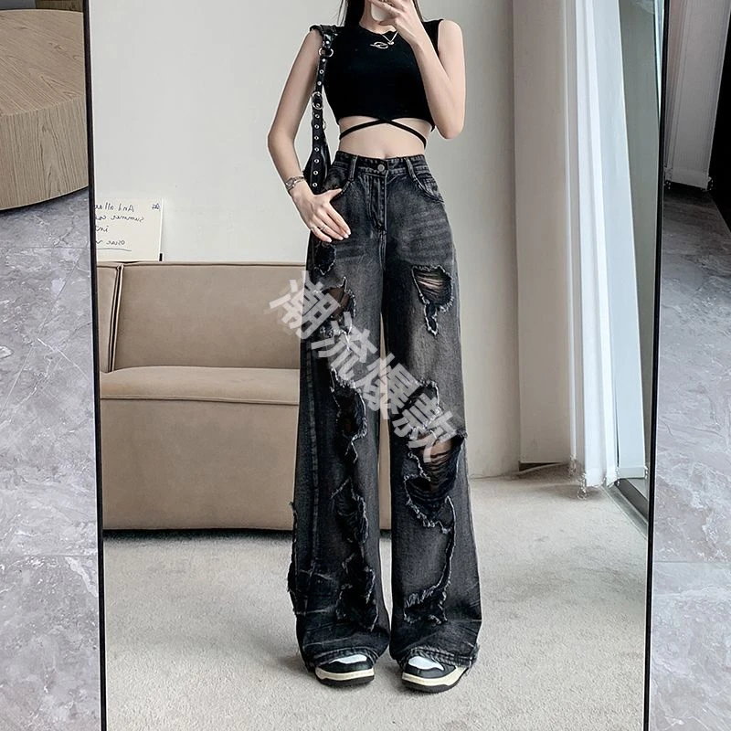 破洞乞丐高腰直筒阔腿裤显瘦年新款宽松美式牛仔裤女裤子夏季薄款