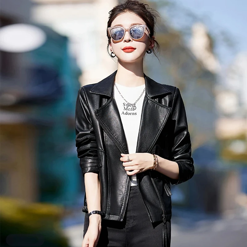 海宁正品2024年春秋时尚修身皮衣女士短款气质显瘦百搭网红小外套