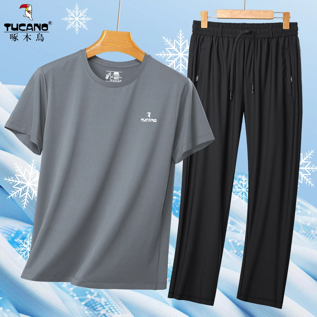 啄木鸟夏季冰丝短袖套装中老年男士宽松透气T恤速干裤休闲薄款