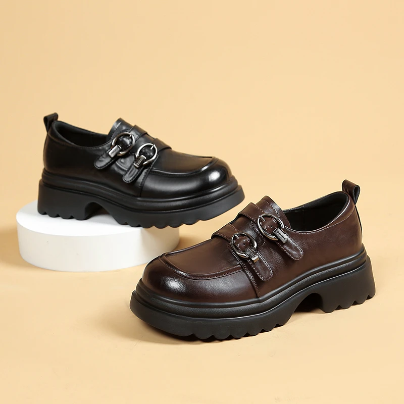 真皮乐福鞋女2025春秋新款女士单鞋厚底英伦女鞋夏季金属扣小皮鞋