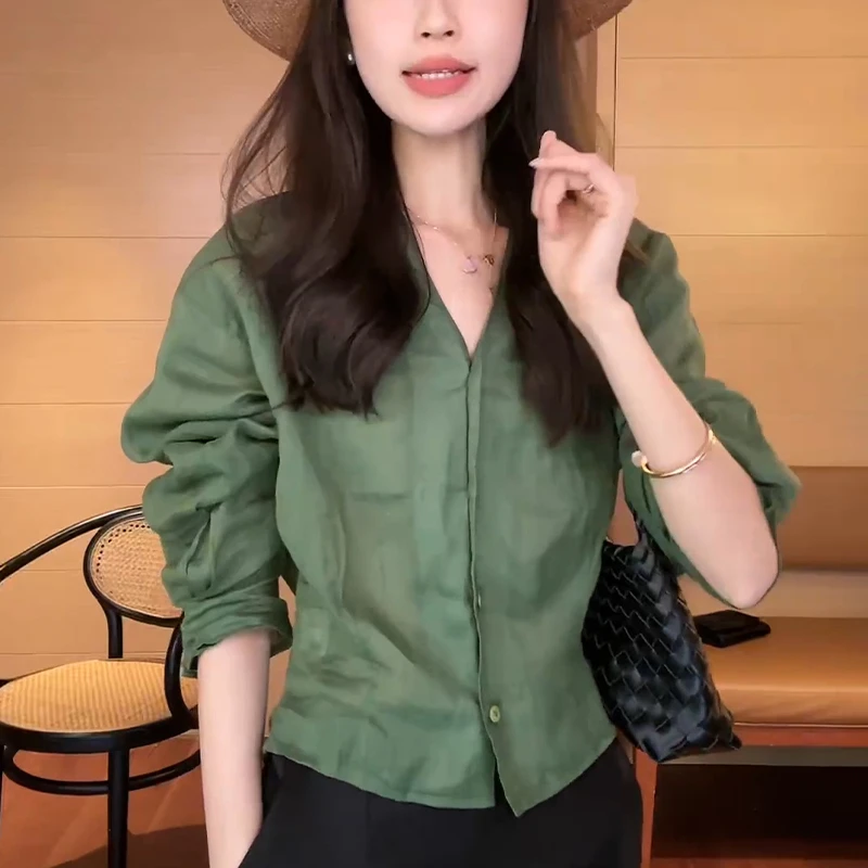 韩版小清新绿色显白收腰衬衫小个子洋气V领设计感百搭开衫上衣女