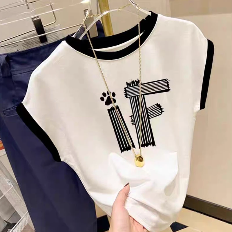 小飞袖正肩拼色圆领短袖t恤女时尚洋气显瘦上衣打底衫2025夏秋季