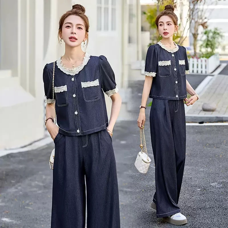小香风牛仔时尚套装女2025夏季新款气质显瘦蕾丝拼接休闲两件套潮