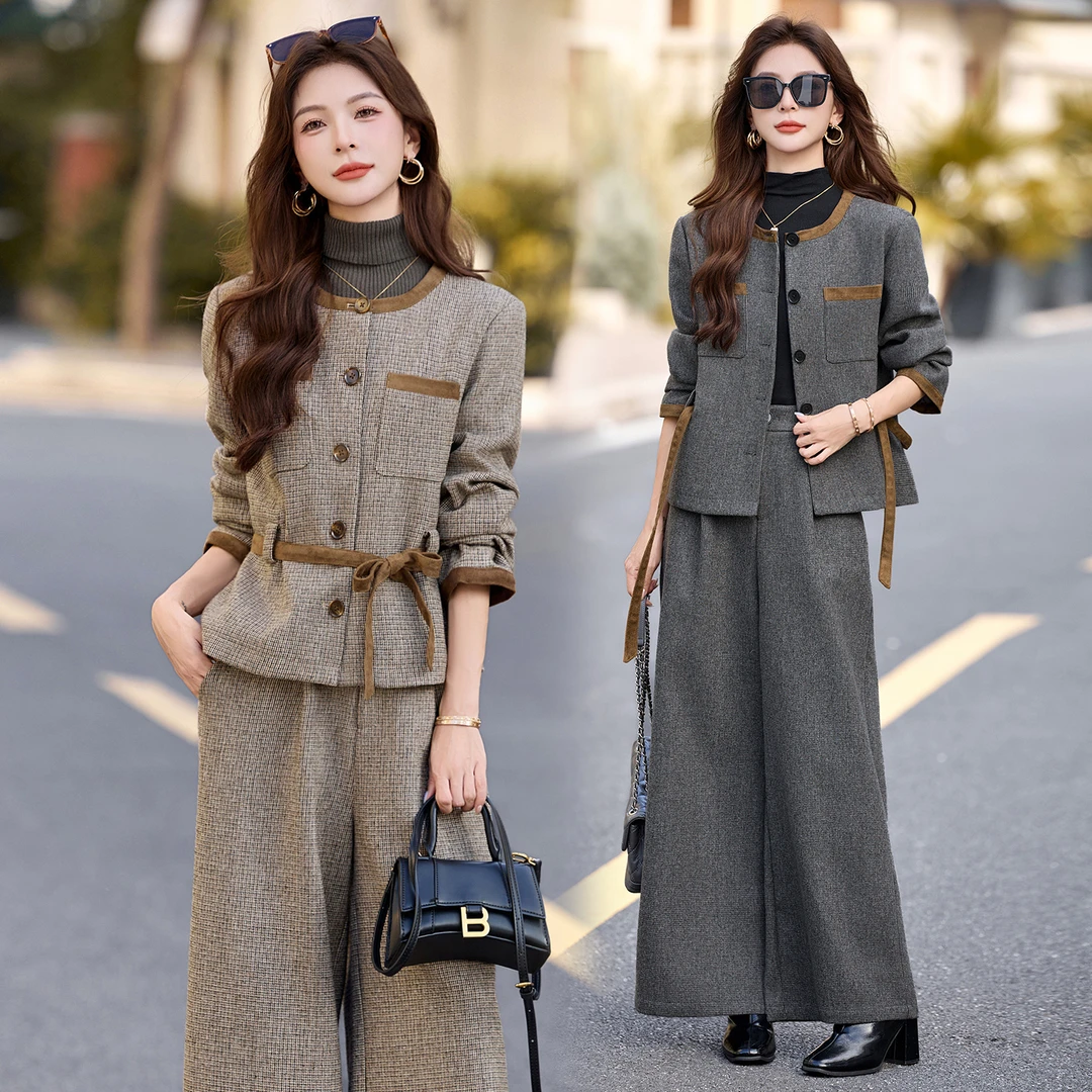 韩系气质千鸟格毛呢套装女2025年秋冬新款高级感时尚阔腿裤两件套
