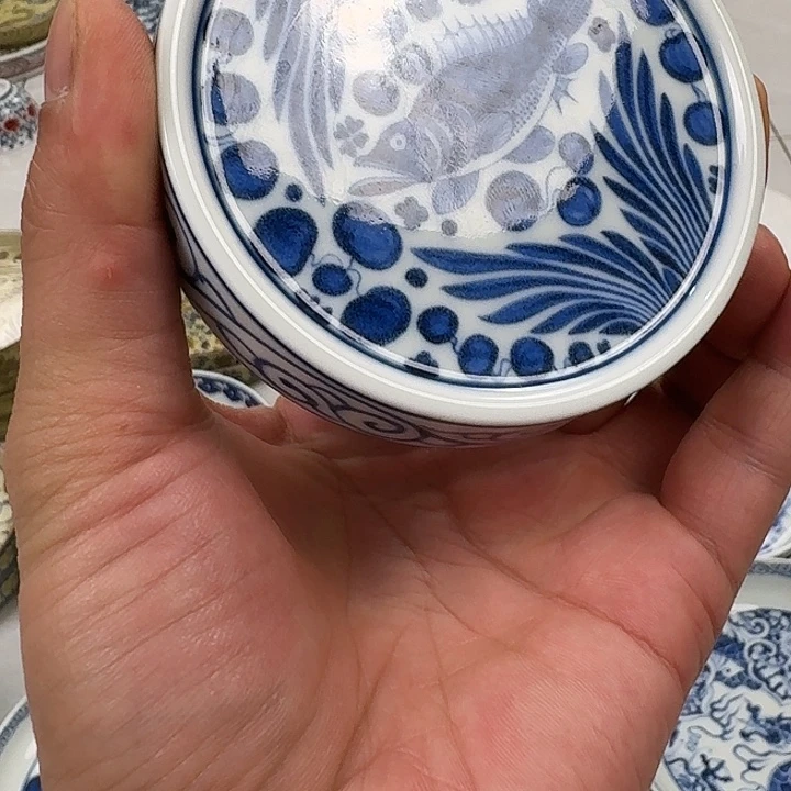 瓷片青花鱼藻杯垫景德镇